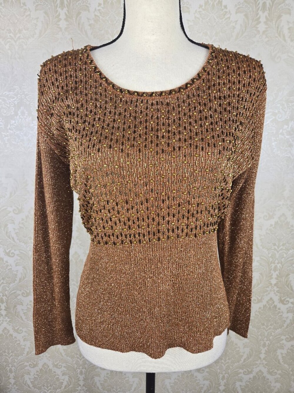 Christine Phillipe Size Large Bronze Metallic Sweater Beaded Front Long Sleeve